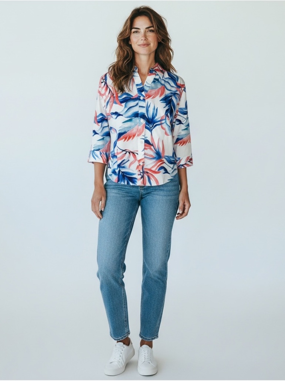 NWOT Chico's Tropical Print 3 Qtr Single Button Cuff Sleeve Button Shirt Size 1